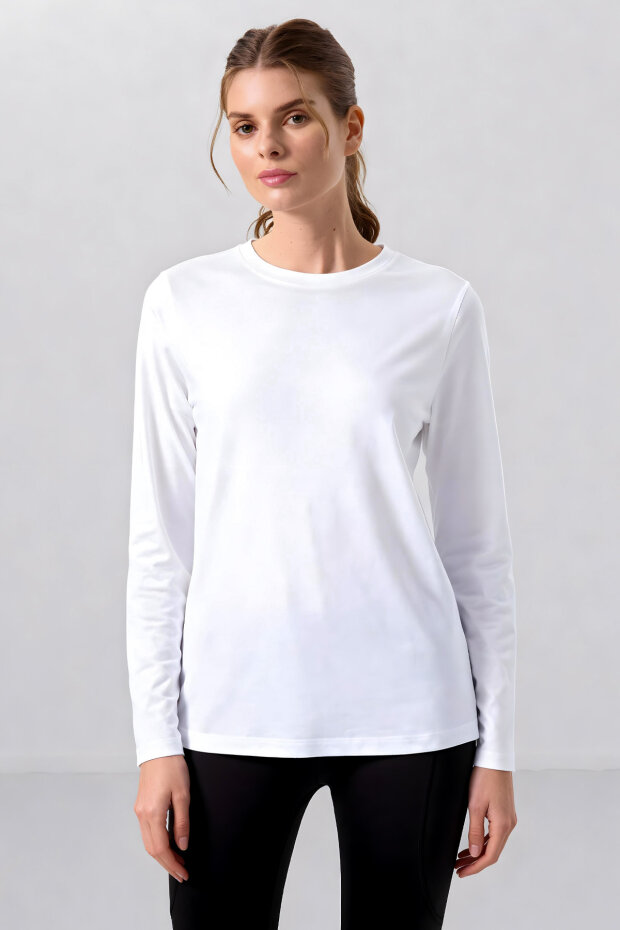 Beyaz O Yaka Standart Fit Uzun Kollu Basic Kadın T-Shirt - 97312 - 2