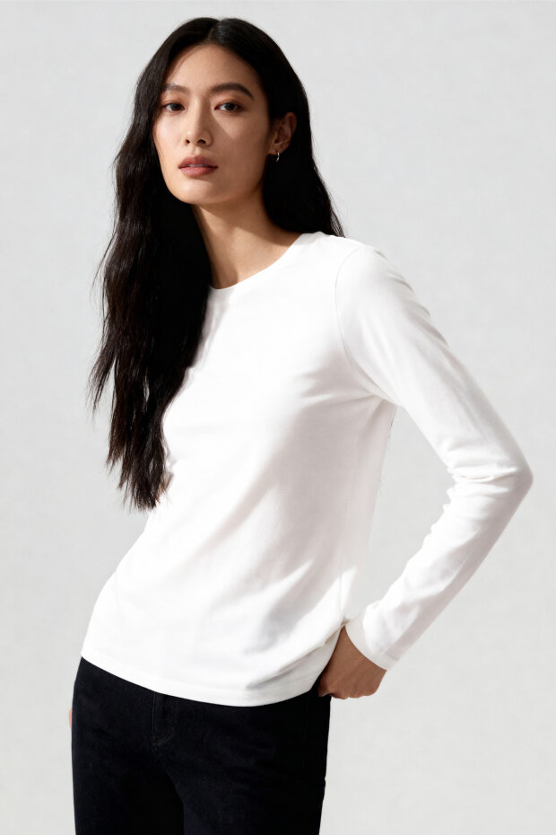 Beyaz O Yaka Standart Fit Uzun Kollu Basic Kadın T-Shirt - 97312 - 2