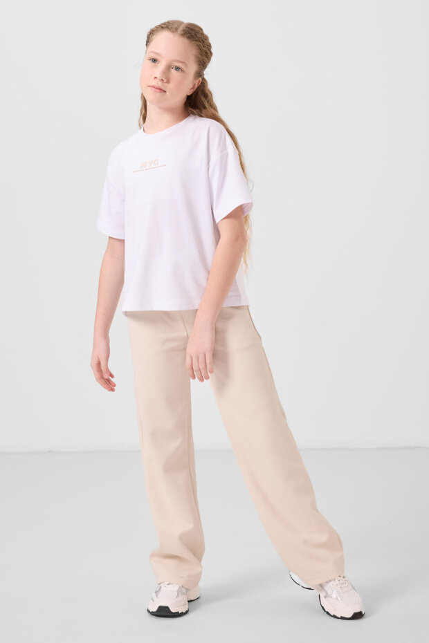 Beyaz-Bej O Yaka Baskılı Geniş Paça Standart Fit Kız Çocuk Palazzo Eşofman Takım - 75171 - 1