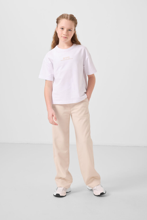 Beyaz-Bej O Yaka Baskılı Geniş Paça Standart Fit Kız Çocuk Palazzo Eşofman Takım - 75171 - 5