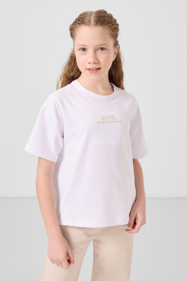 Beyaz-Bej O Yaka Baskılı Geniş Paça Standart Fit Kız Çocuk Palazzo Eşofman Takım - 75171 - 3