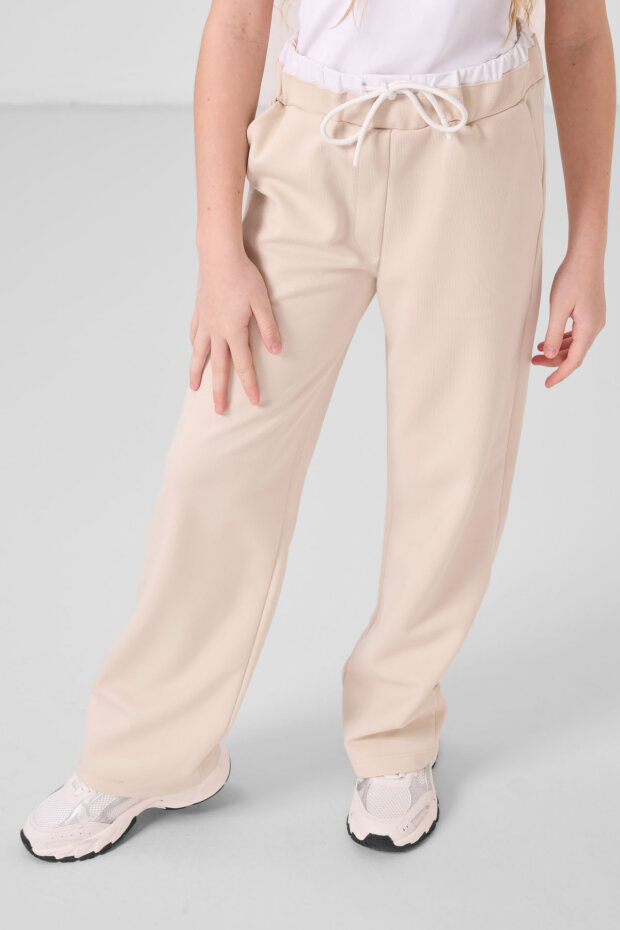 Beyaz-Bej O Yaka Baskılı Geniş Paça Standart Fit Kız Çocuk Palazzo Eşofman Takım - 75171 - 6