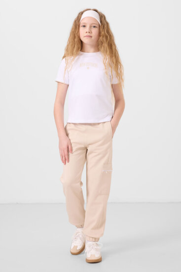 Beyaz-Bej O Yaka Baskılı Lastik Paça Kargo Cepli Kız Çocuk Eşofman Takım - 75173 