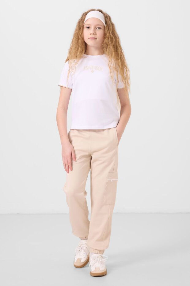 Beyaz-Bej O Yaka Baskılı Lastik Paça Kargo Cepli Kız Çocuk Eşofman Takım - 75173 - 1