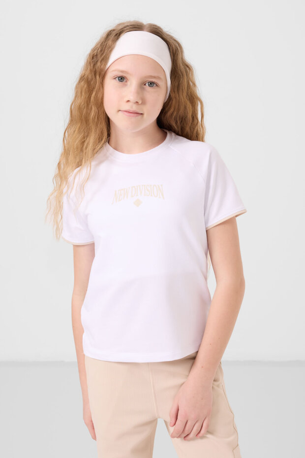 Beyaz-Bej O Yaka Baskılı Lastik Paça Kargo Cepli Kız Çocuk Eşofman Takım - 75173 - 3