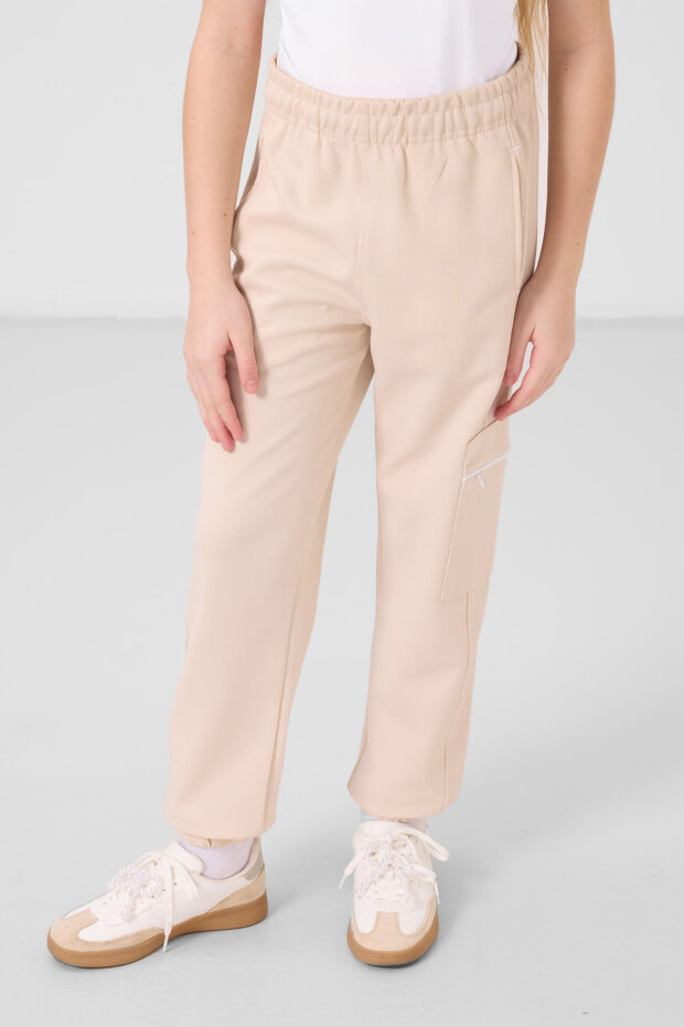 Beyaz-Bej O Yaka Baskılı Lastik Paça Kargo Cepli Kız Çocuk Eşofman Takım - 75173 - 6