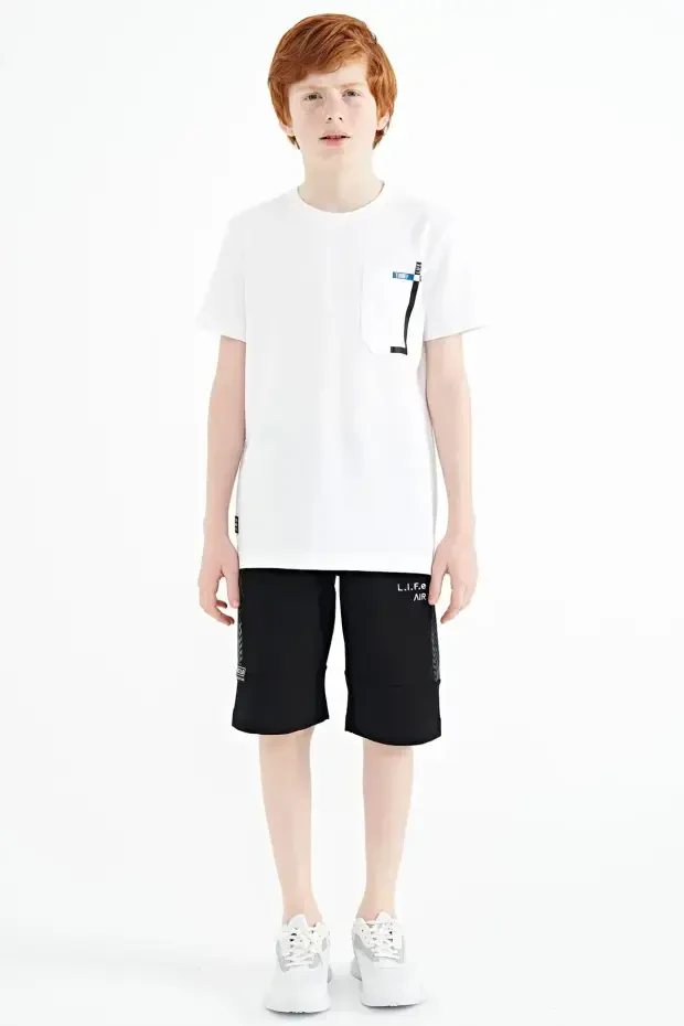 Beyaz Cep Detaylı O Yaka Standart Kalıp Erkek Çocuk T-Shirt - 11120 - 2