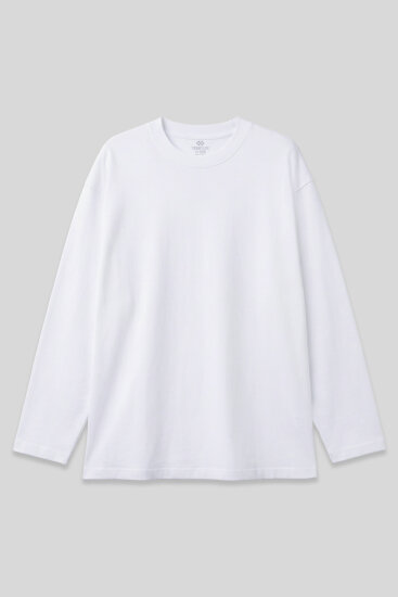 Beyaz O Yaka Rahat Form Battal Büyük Beden Uzun Kollu Erkek T-Shirt - 88107 