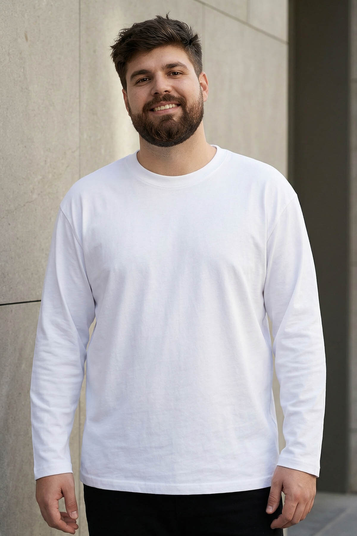 Beyaz O Yaka Rahat Form Battal Büyük Beden Uzun Kollu Erkek T-Shirt - 88107 - TOMMYLIFE