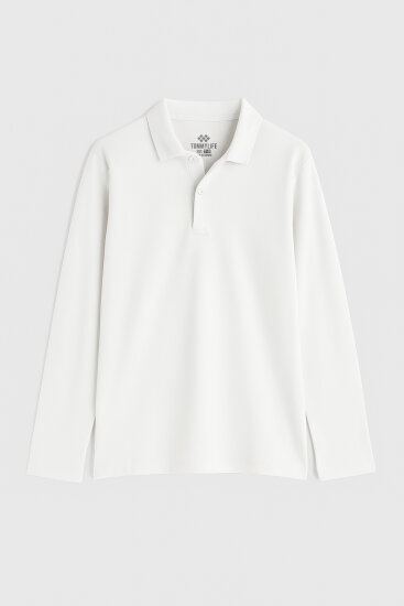 Beyaz Polo Yaka Basic Uzun Kollu Unisex Çocuk T-Shirt - 11170 