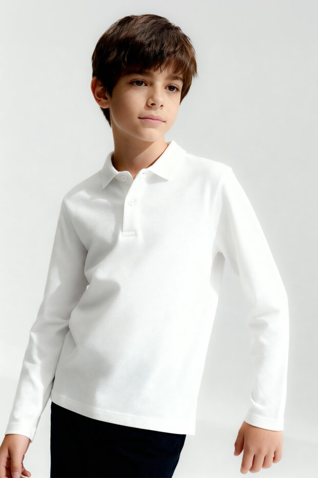 Beyaz Polo Yaka Basic Uzun Kollu Unisex Çocuk T-Shirt - 11170 - 2