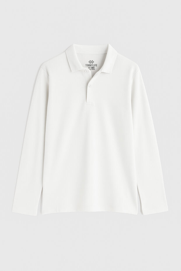 Beyaz Polo Yaka Basic Uzun Kollu Unisex Çocuk T-Shirt - 11170 - 1