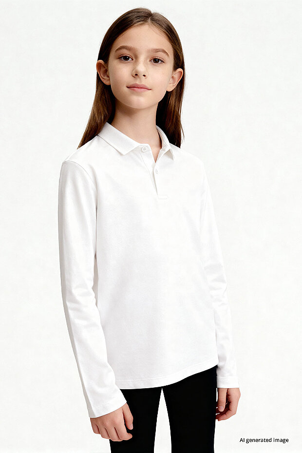 Beyaz Polo Yaka Basic Uzun Kollu Unisex Çocuk T-Shirt - 11170 - 3