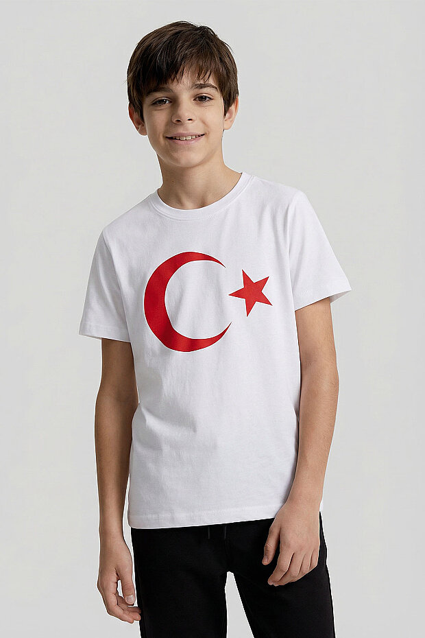 Beyaz Ay Yıldız Baskılı Unisex T-Shirt - 11333 - 4