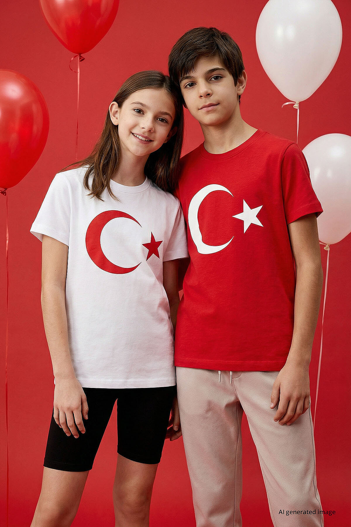 Beyaz Ay Yıldız Baskılı Unisex Çocuk T-Shirt - 11333 - TOMMYLIFE (1)