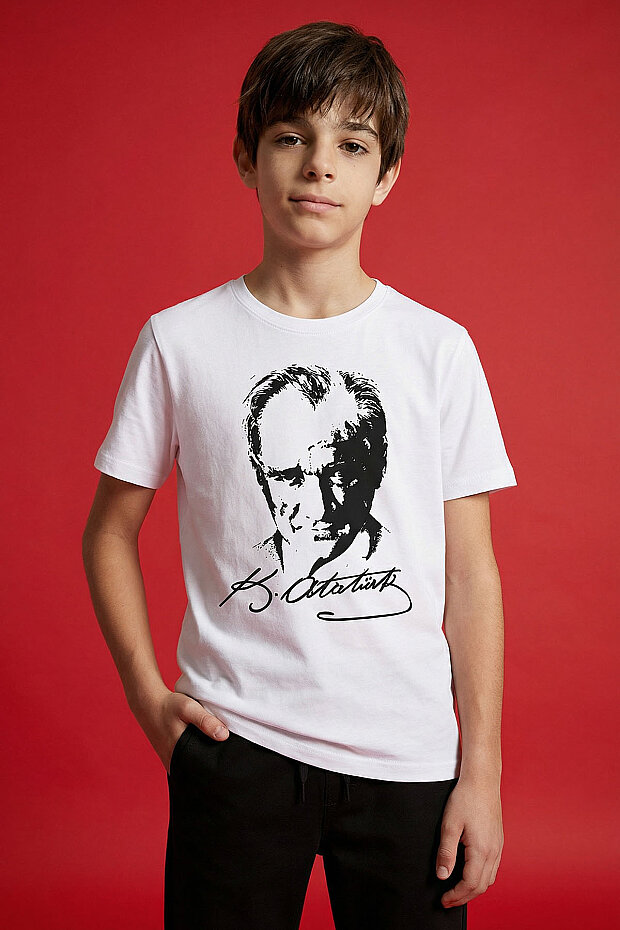 Beyaz Atatürk Baskılı Unisex Çocuk T-Shirt - 11332 - 3