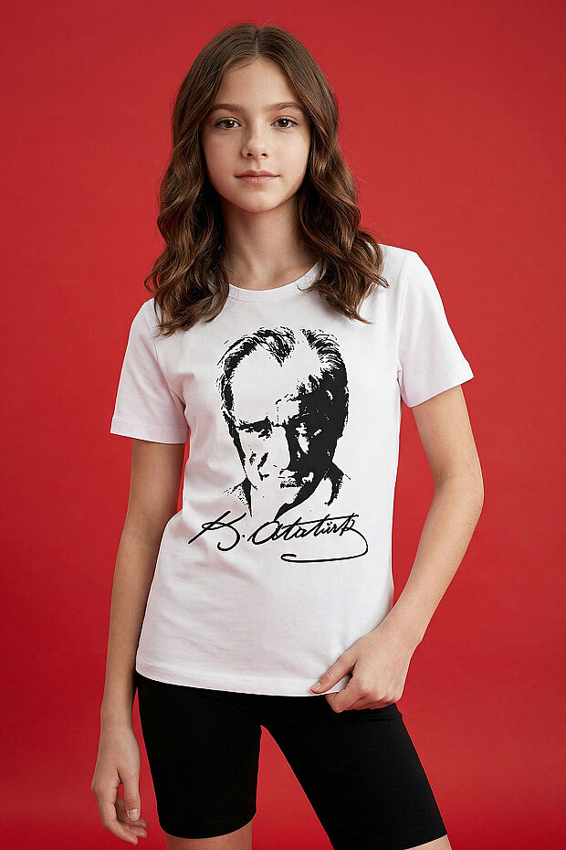 Beyaz Atatürk Baskılı Unisex Çocuk T-Shirt - 11332 - 1
