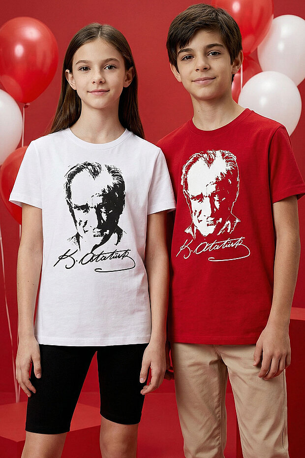 Beyaz Atatürk Baskılı Unisex Çocuk T-Shirt - 11332 - 2