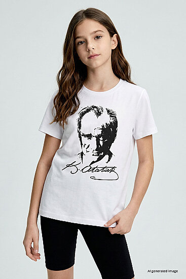 Beyaz Atatürk Baskılı Unisex Çocuk T-Shirt - 11332 