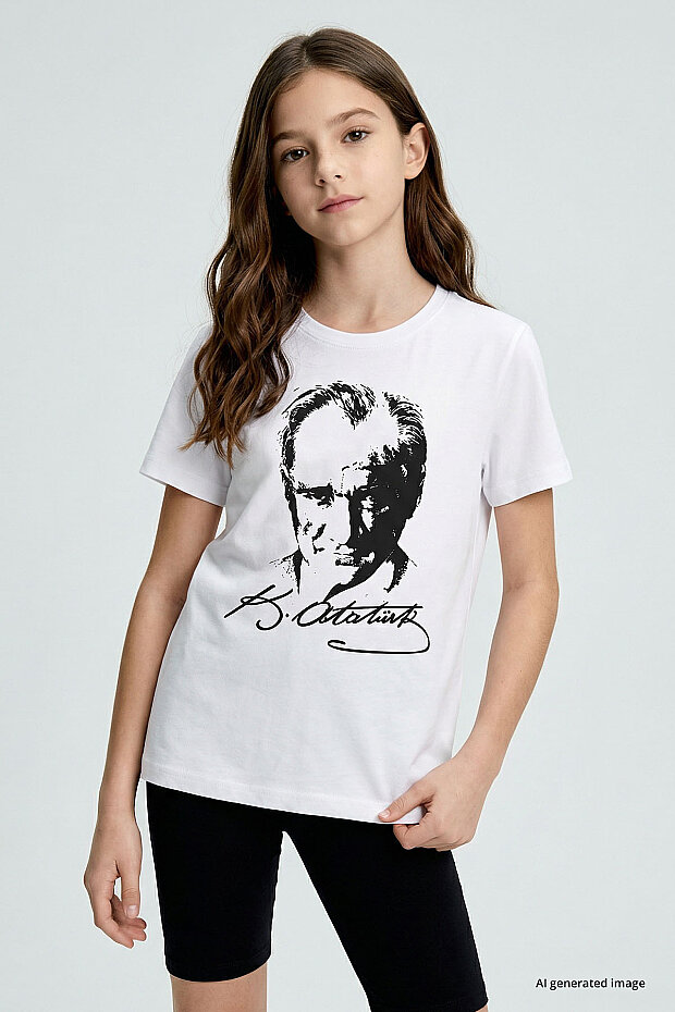 Beyaz Atatürk Baskılı Unisex Çocuk T-Shirt - 11332 - 1