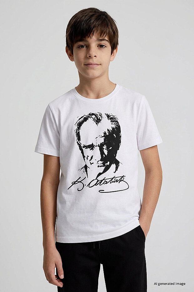 Beyaz Atatürk Baskılı Unisex Çocuk T-Shirt - 11332 - 3