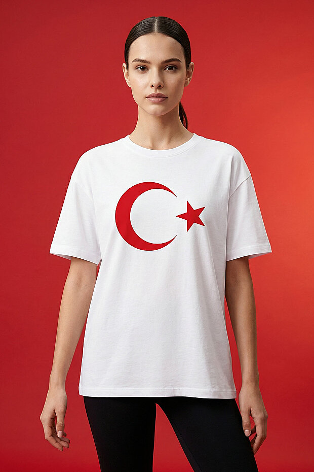 Beyaz Ay Yıldız Baskılı Unisex T-Shirt - 88509 - 2