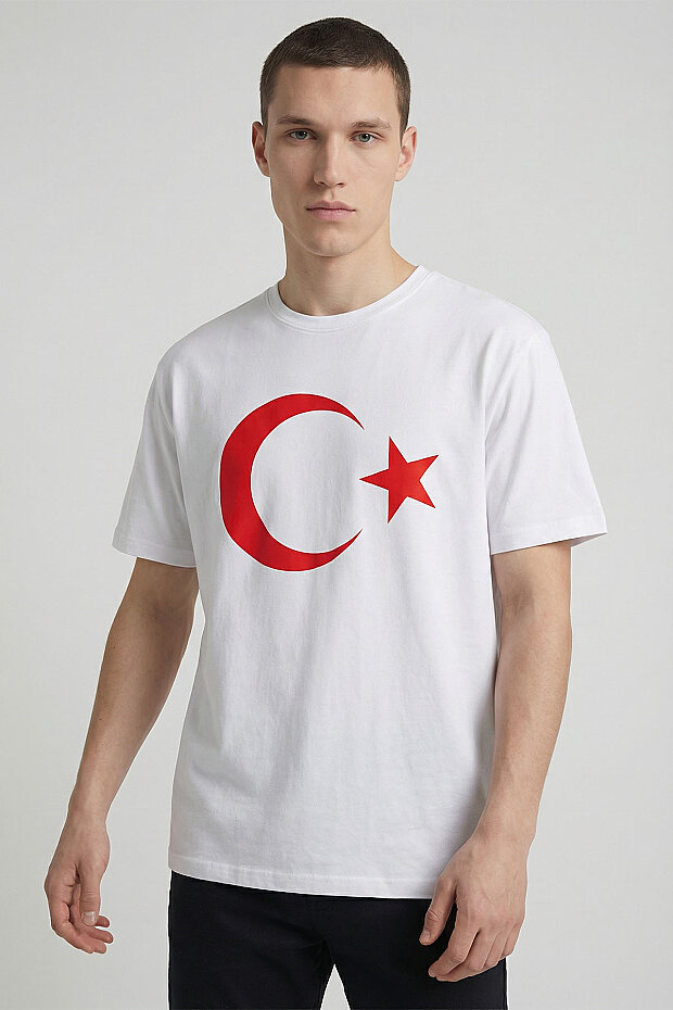 Beyaz Ay Yıldız Baskılı Unisex T-Shirt - 88509 - 3