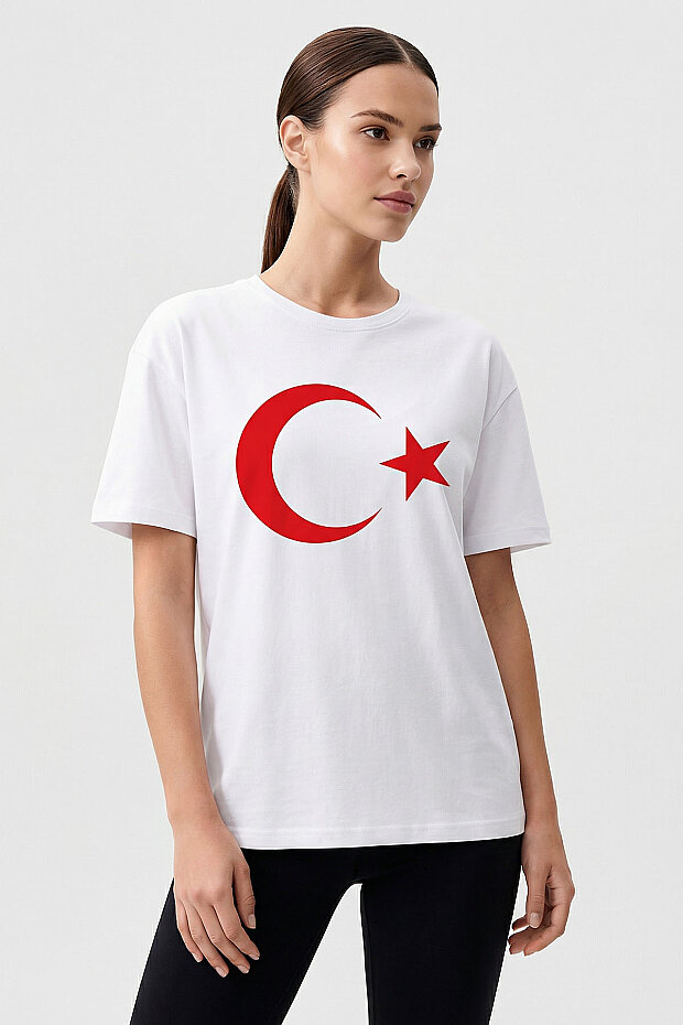 Beyaz Ay Yıldız Baskılı Unisex T-Shirt - 88509 - 4