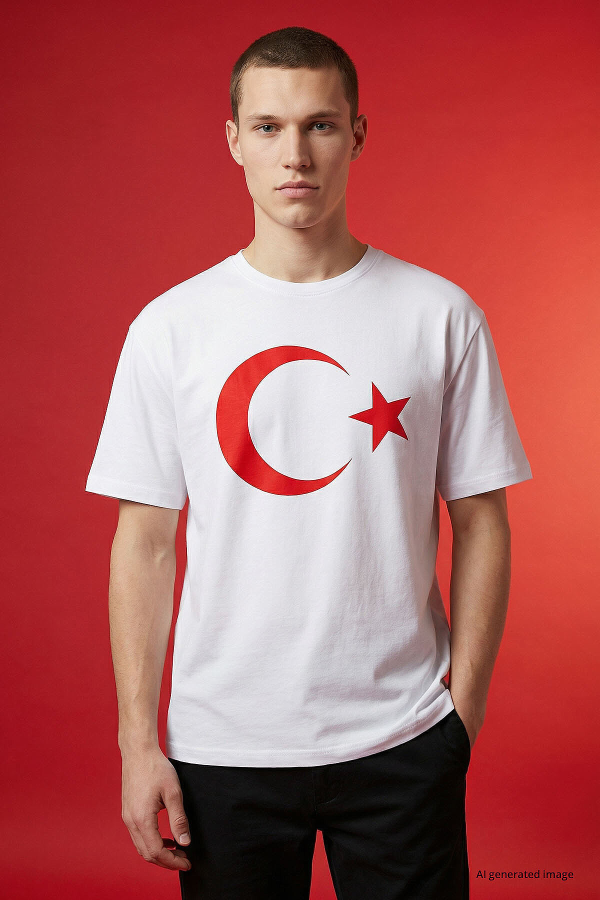 Beyaz Ay Yıldız Baskılı Unisex T-Shirt - 88509 - TOMMYLIFE