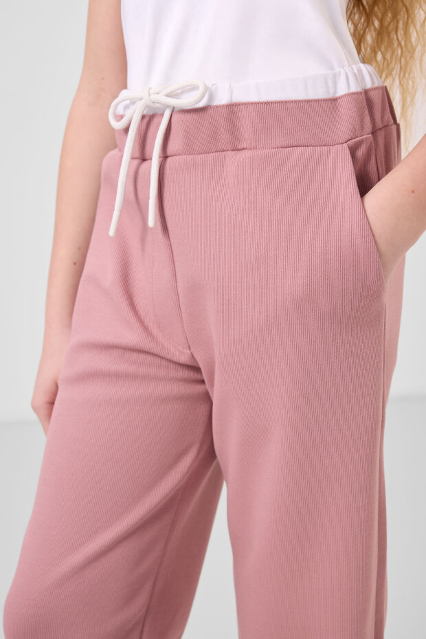 Beyaz-Gül Kurusu O Yaka Baskılı Geniş Paça Standart Fit Kız Çocuk Palazzo Eşofman Takım - 75171 - 4