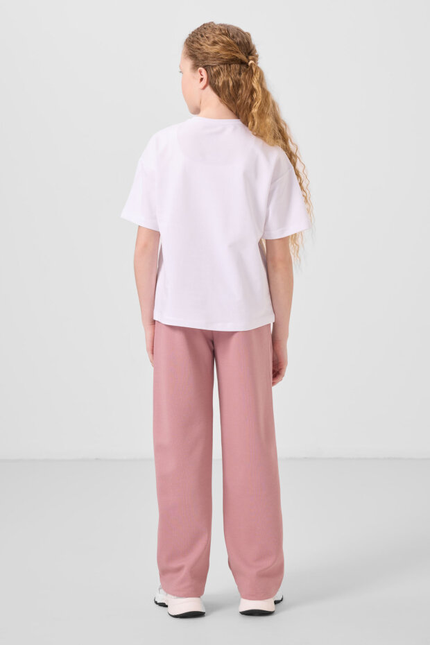 Beyaz-Gül Kurusu O Yaka Baskılı Geniş Paça Standart Fit Kız Çocuk Palazzo Eşofman Takım - 75171 - 6