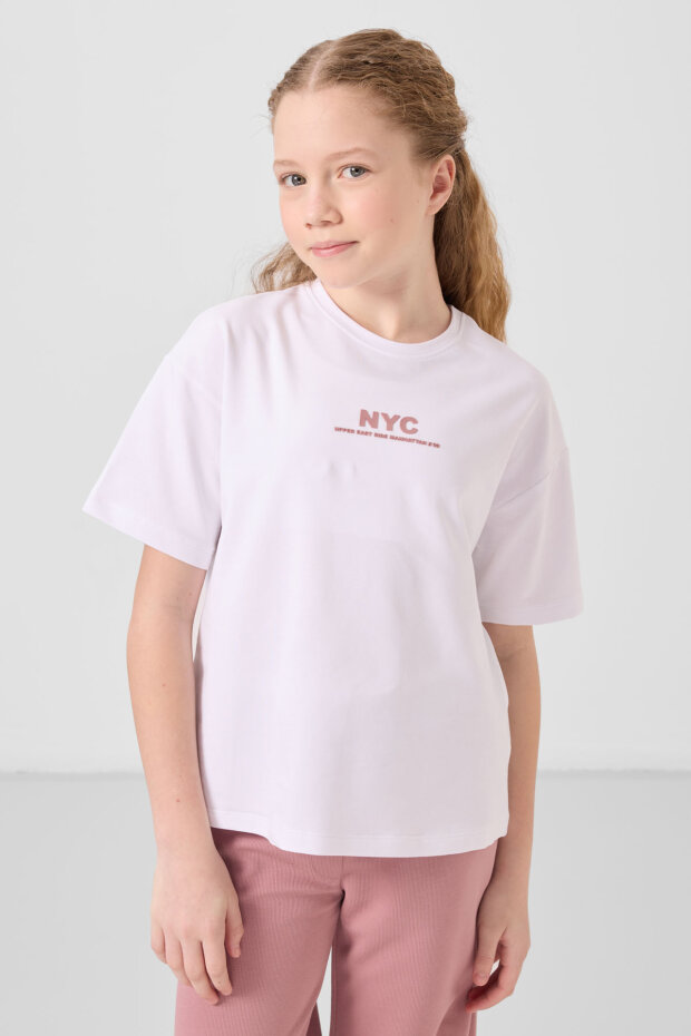 Beyaz-Gül Kurusu O Yaka Baskılı Geniş Paça Standart Fit Kız Çocuk Palazzo Eşofman Takım - 75171 - 3