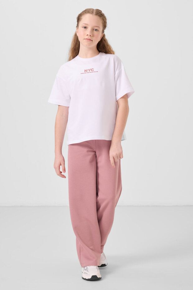 Beyaz-Gül Kurusu O Yaka Baskılı Geniş Paça Standart Fit Kız Çocuk Palazzo Eşofman Takım - 75171 - 5