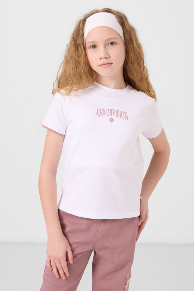 Beyaz-Gül Kurusu O Yaka Baskılı Lastik Paça Kargo Cepli Kız Çocuk Eşofman Takım - 75173 - 3