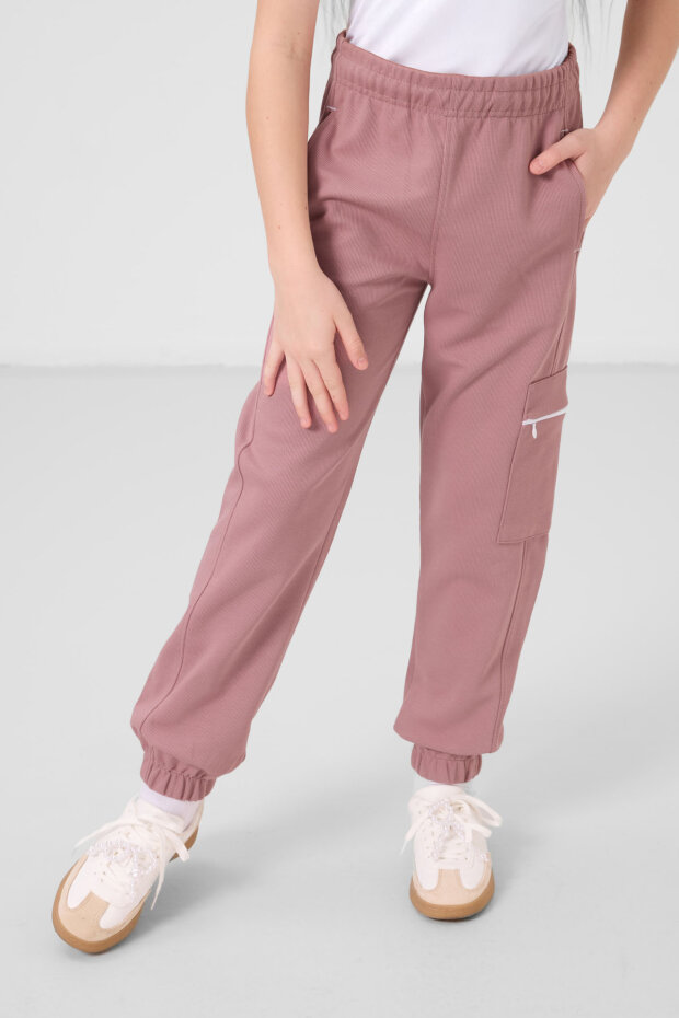 Beyaz-Gül Kurusu O Yaka Baskılı Lastik Paça Kargo Cepli Kız Çocuk Eşofman Takım - 75173 - 2