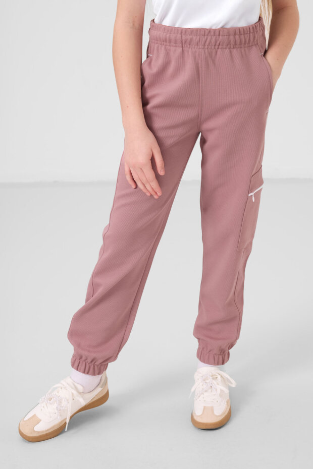 Beyaz-Gül Kurusu O Yaka Baskılı Lastik Paça Kargo Cepli Kız Çocuk Eşofman Takım - 75173 - 5