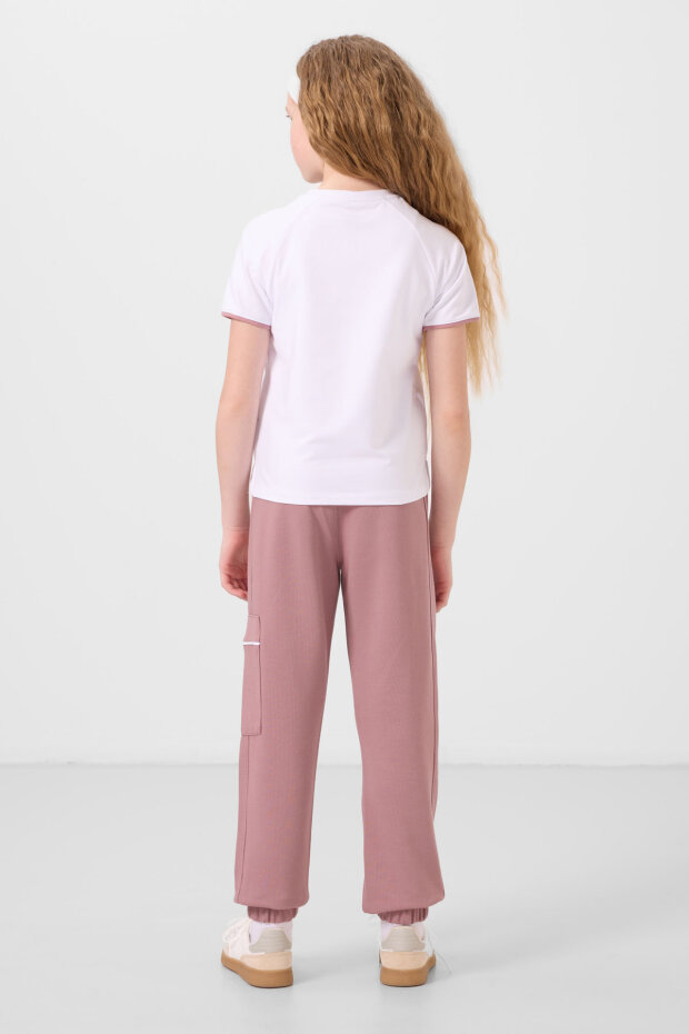 Beyaz-Gül Kurusu O Yaka Baskılı Lastik Paça Kargo Cepli Kız Çocuk Eşofman Takım - 75173 - 6