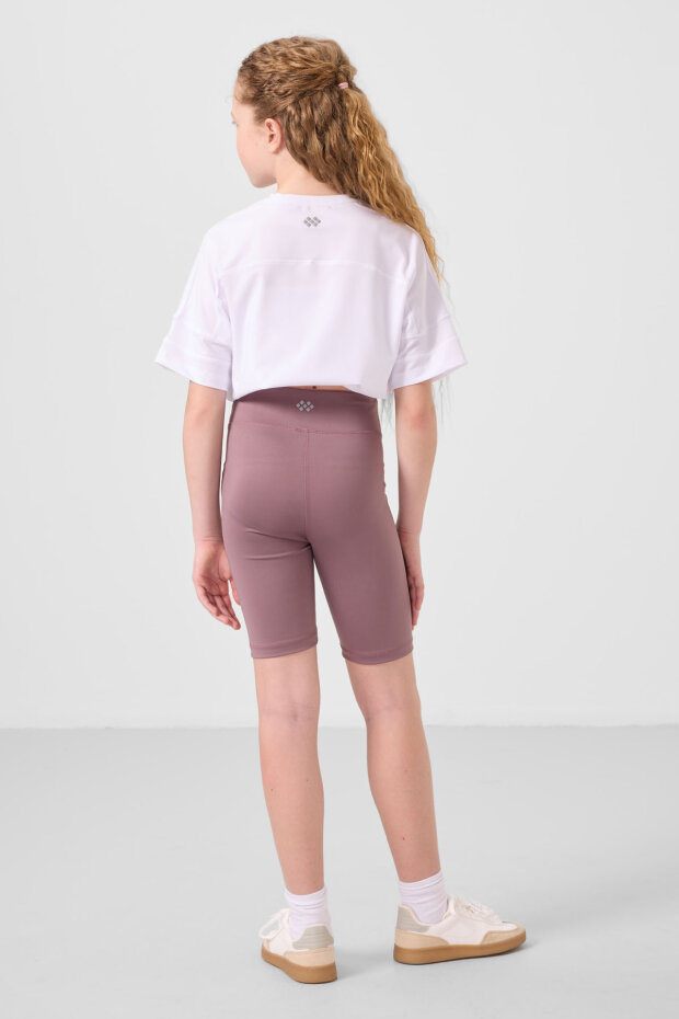 Beyaz-Gül Kurusu V Yaka Kemer Detaylı Standart Fit Performans Kız Çocuk Tayt Takım - 75187 - 6