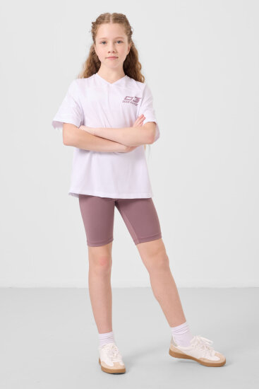 Beyaz-Gül Kurusu V Yaka Kemer Detaylı Standart Fit Performans Kız Çocuk Tayt Takım - 75187 