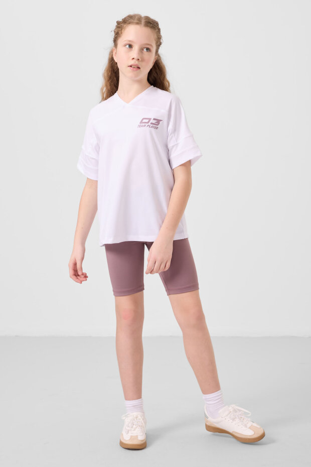 Beyaz-Gül Kurusu V Yaka Kemer Detaylı Standart Fit Performans Kız Çocuk Tayt Takım - 75187 - 2