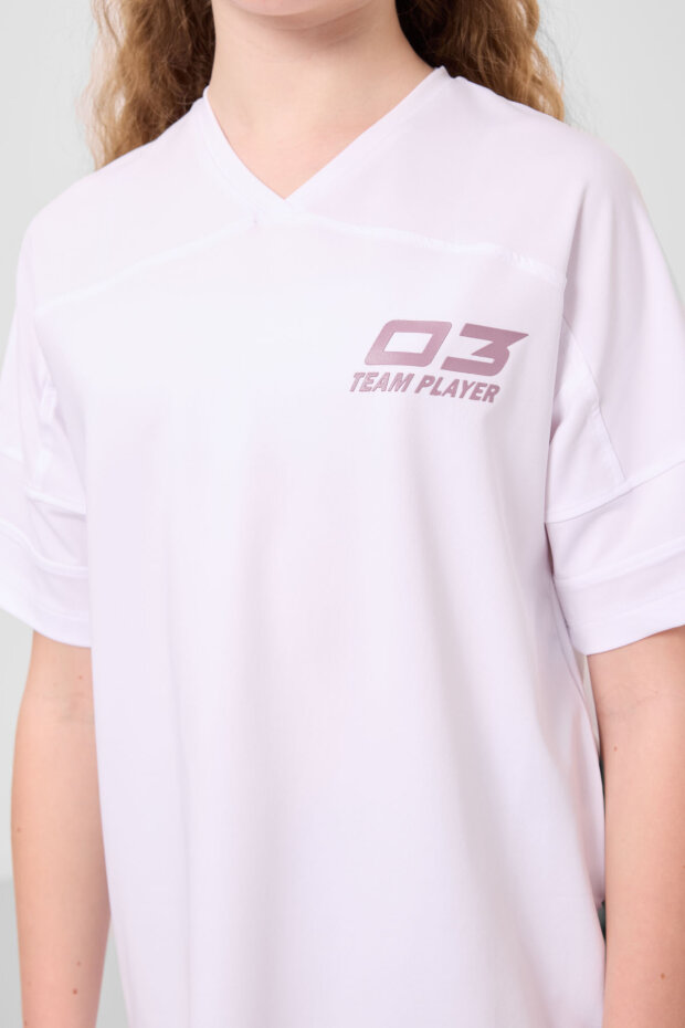 Beyaz-Gül Kurusu V Yaka Kemer Detaylı Standart Fit Performans Kız Çocuk Tayt Takım - 75187 - 4