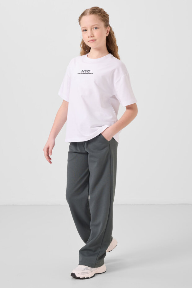 Beyaz-Haki O Yaka Baskılı Geniş Paça Standart Fit Kız Çocuk Palazzo Eşofman Takım - 75171 - 3