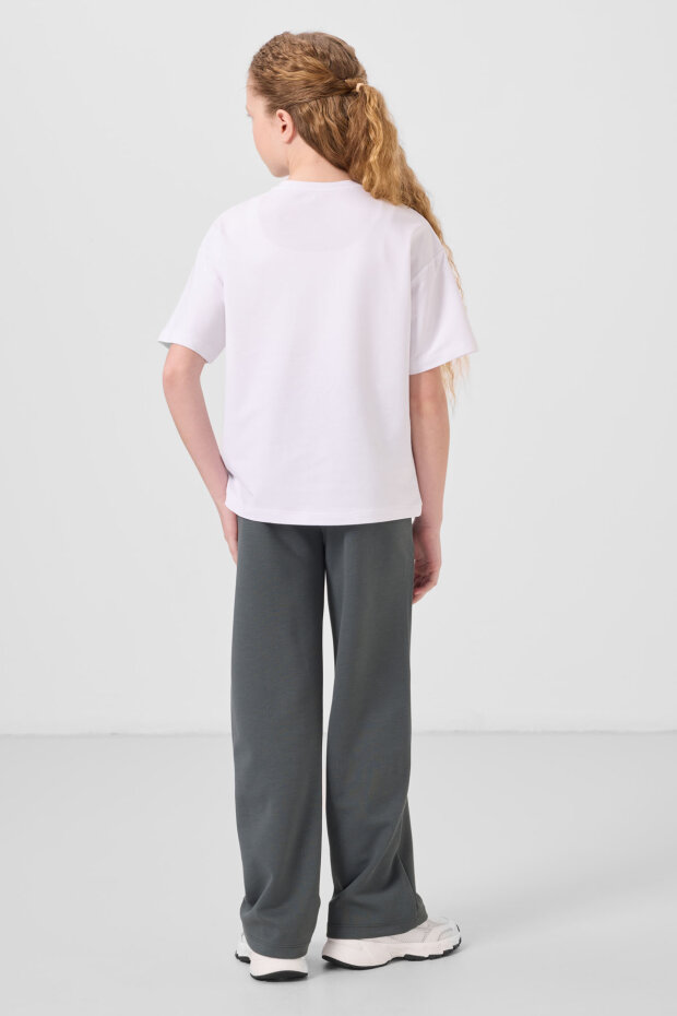 Beyaz-Haki O Yaka Baskılı Geniş Paça Standart Fit Kız Çocuk Palazzo Eşofman Takım - 75171 - 7