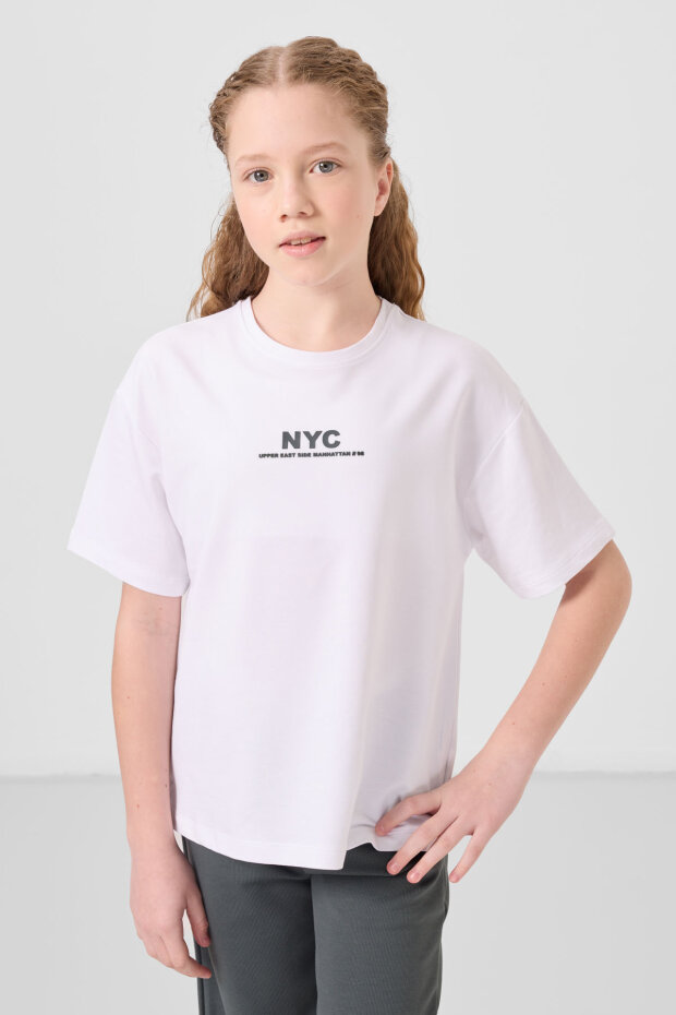 Beyaz-Haki O Yaka Baskılı Geniş Paça Standart Fit Kız Çocuk Palazzo Eşofman Takım - 75171 - 5