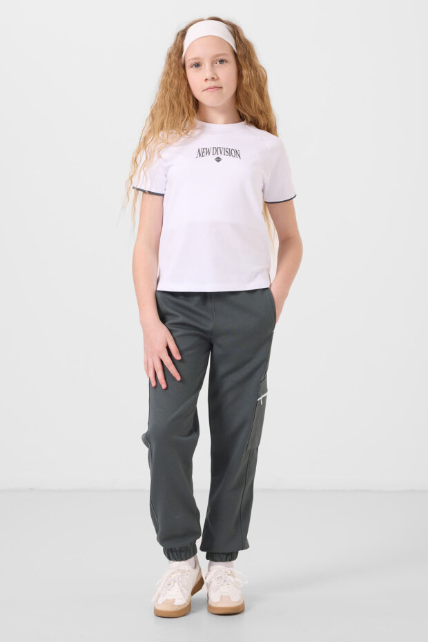 Beyaz-Haki O Yaka Baskılı Lastik Paça Kargo Cepli Kız Çocuk Eşofman Takım - 75173 - 4