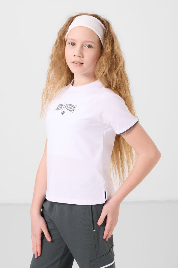 Beyaz-Haki O Yaka Baskılı Lastik Paça Kargo Cepli Kız Çocuk Eşofman Takım - 75173 - 3