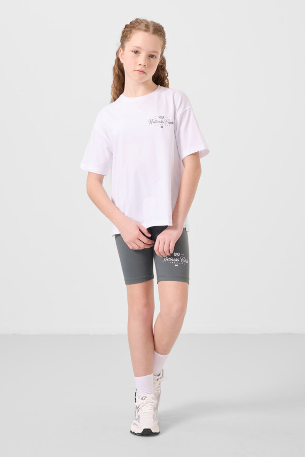 Beyaz-Haki Pamuklu O Yaka Standart Fit Baskılı Kız Çocuk Tayt Takım - 75190 - 3