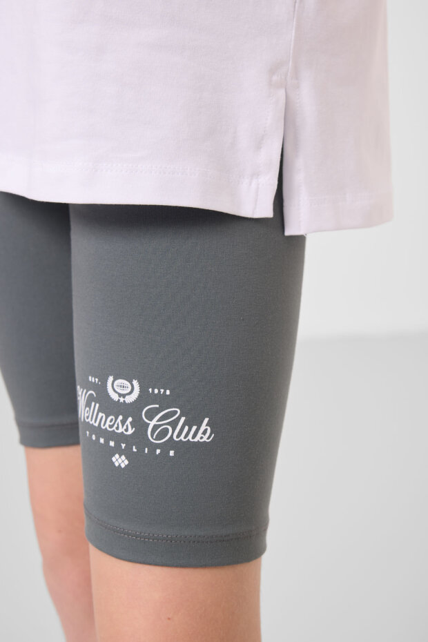 Beyaz-Haki Pamuklu O Yaka Standart Fit Baskılı Kız Çocuk Tayt Takım - 75190 - 4