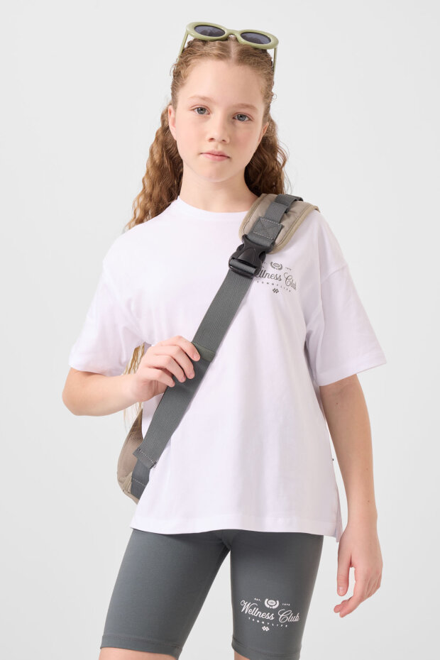 Beyaz-Haki Pamuklu O Yaka Standart Fit Baskılı Kız Çocuk Tayt Takım - 75190 - 5