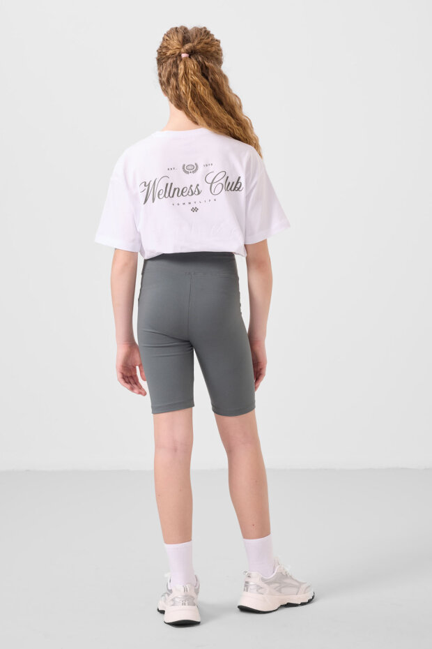 Beyaz-Haki Pamuklu O Yaka Standart Fit Baskılı Kız Çocuk Tayt Takım - 75190 - 7